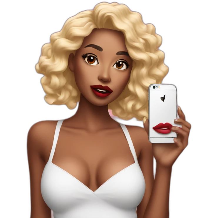 Influencer model with fake lips taking a selfie emoji