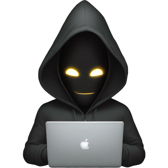 hooded masked man with a laptop and bright glowing white eyes emoji