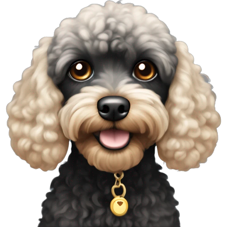 Black cavapoo that is mostly poodle with beige eyebrows, mouth, legs and chest emoji
