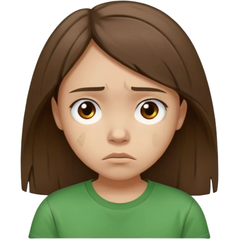 Young girl with straight, damaged, unkempt hair, wearing a green T-shirt, with a sad and discouraged expression on her face. emoji