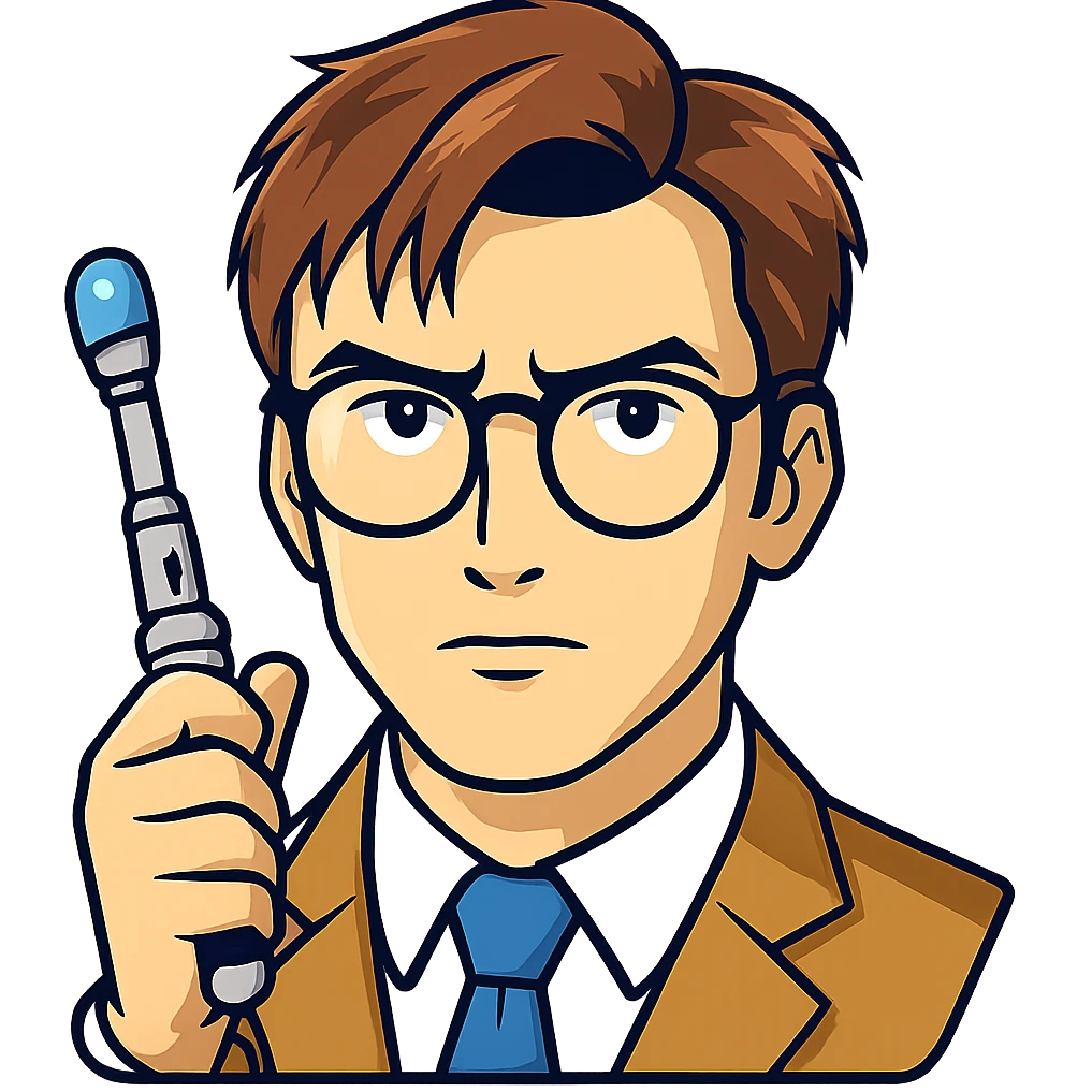 Add a sonic screwdriver to the Tenth Doctor in the style of a cartoonish sticker, keeping the original sticker style look and feel, with no background. emoji