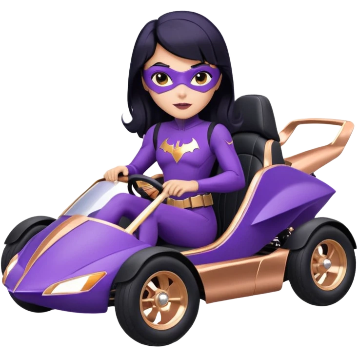 Hot full size real-appearance racing action BatGirl’s Lego feminine midnight-purple tight outfit sixty’s tv show 1992 stealthy retro sporty petite off-road pursuit hovering hover cruiser car rose gold accents (black hair,reclined and relaxed seating position) go kart  emoji