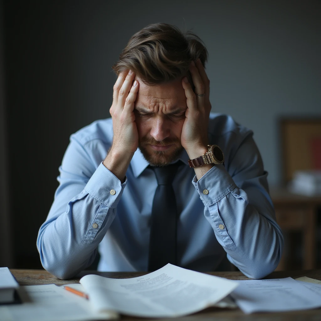 hyperrealistic 4K image of a man with a headache, hand on forehead, eyes closed in pain, sitting at a desk with scattered documents, atmosphere of worry emoji