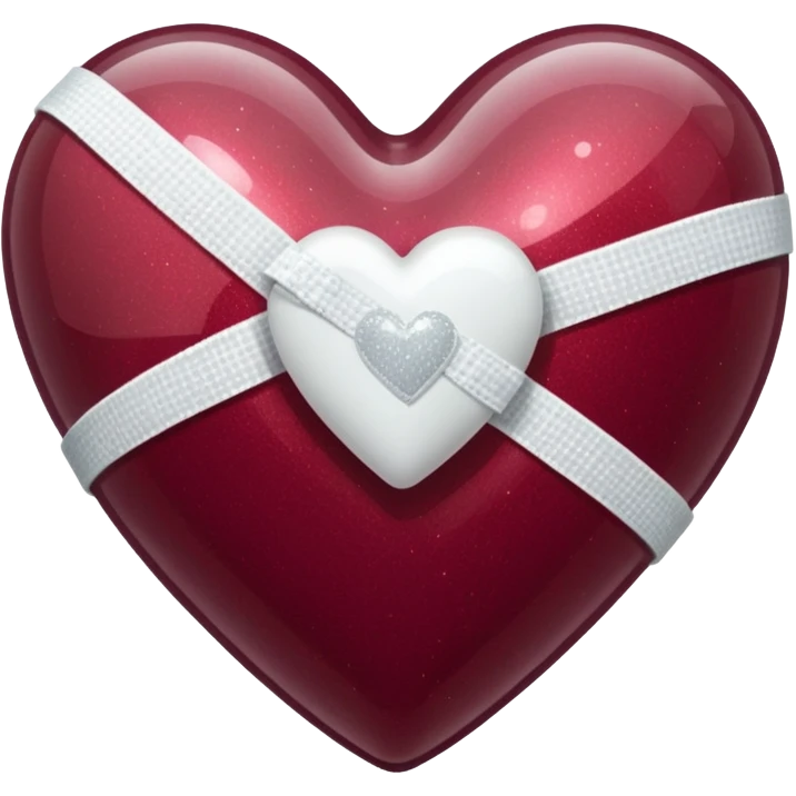 Burgundy sparkly heart, glassy finish, with one white bandage wrapped around it, high resolution emoji