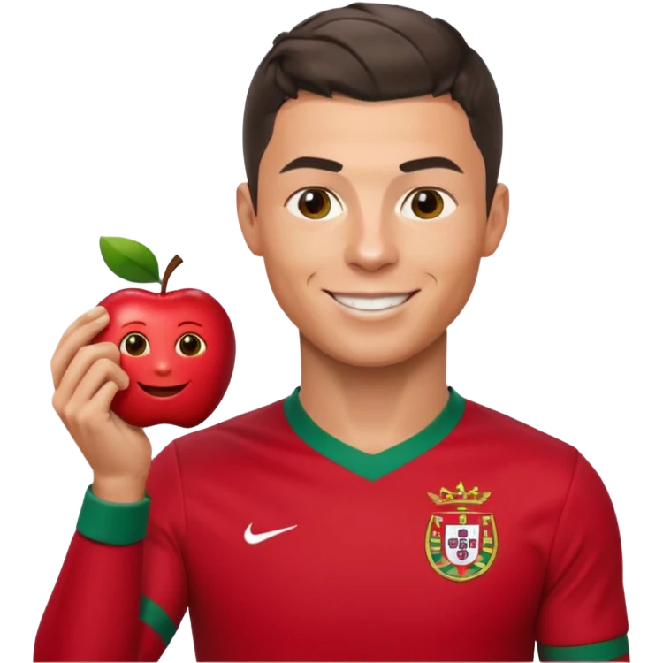 Cristiano Ronaldo as an apple-style emoji, smiling, short hair, Portugal jersey emoji