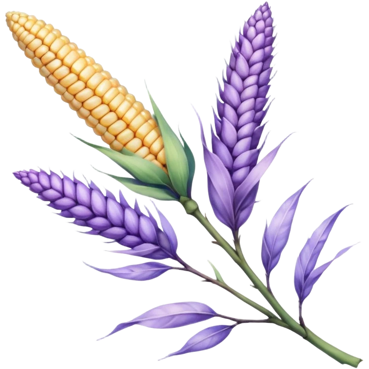 The art style is clean line art with delicate watercolor textures, pastel colors, and a dominant palette of lavender, soft lilac, and muted purple. Let the branch be more elongated and have short branches on it like ears of corn. emoji