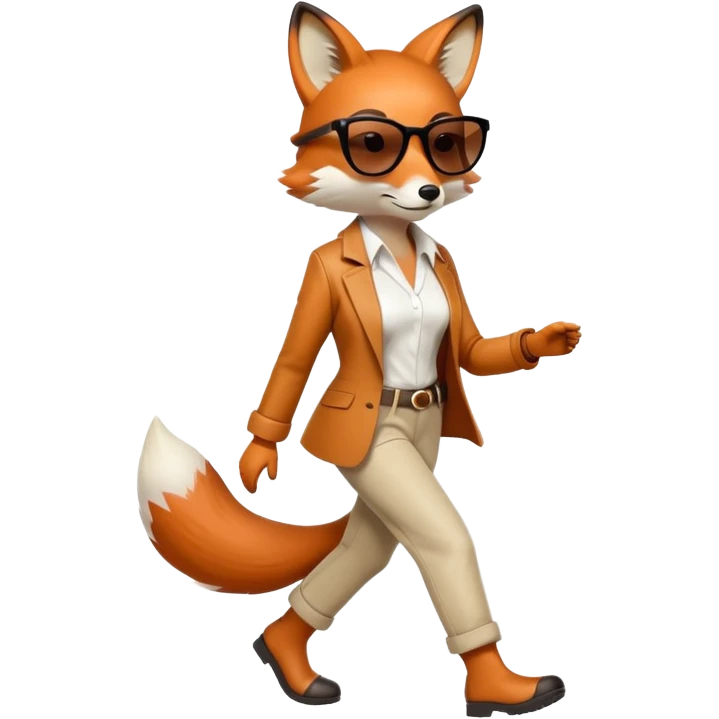 serious anthropomorphised female fox in stylish casual outfit with sunglasses, walking with confidence, full-body emoji