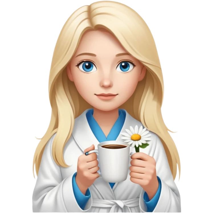 girl
blue eyes
long blond hair
wearing housecoat
holding a white mug of coffee that has a daisy on the mug
wearing rose gold apple watch  emoji