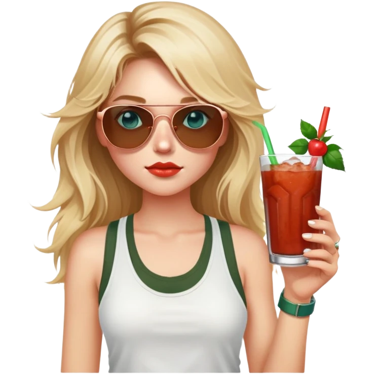 girl with long blond messy hair
with blue eyes
and aviator sunglasses
wearing white tank top 
holding bloody mary
wearing (rose gold apple watch with forest green band) emoji