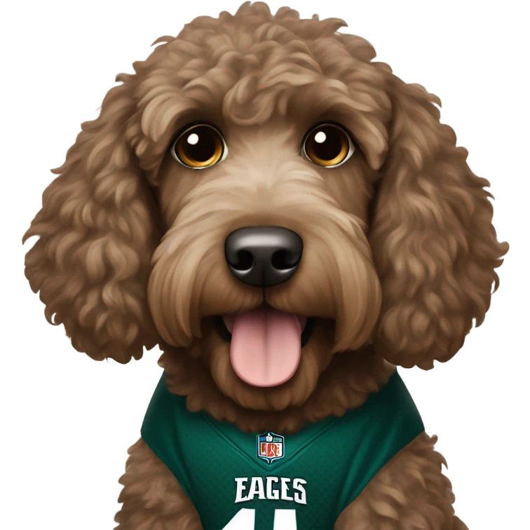 Brownish Labradoodle wearing a Philadelphia eagles jersey emoji