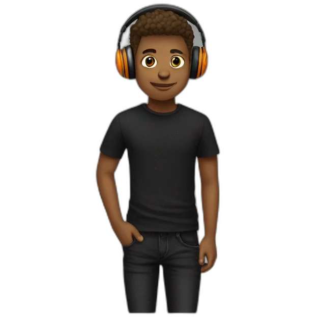 A super cool boy with headphone and black and orange Tshirt with black jeans  emoji
