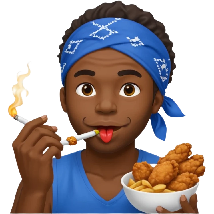 black man eating fried chicken with blue bandana and cigarette in teeth. Create this emoji in apple emojis style emoji