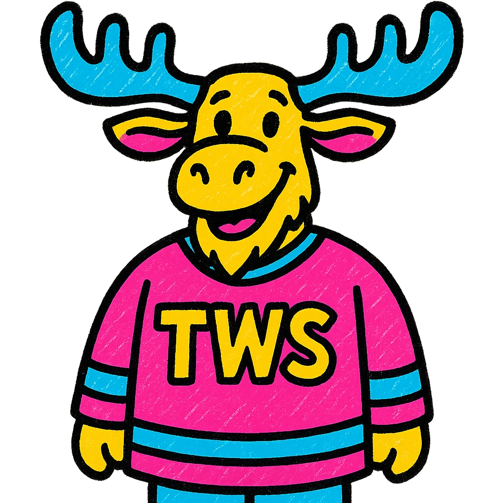 a vibrant, colorful style moose wearing a 'TWS' hockey jersey emoji