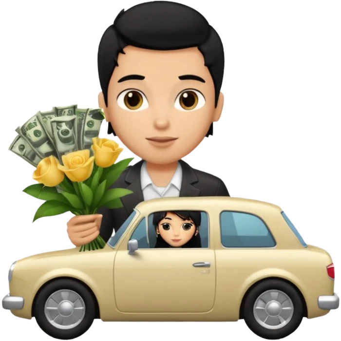 a pretty bratz boy with black hair, holding a bouquet made of money, car behind him emoji