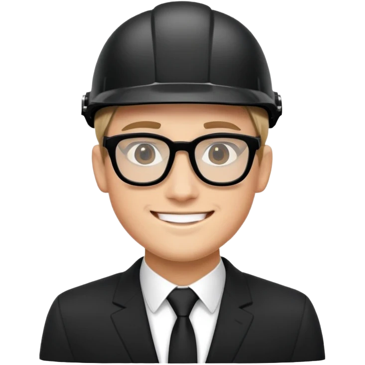 Un joven masculino con traje de color negro, camisa negra, usa lente, su cara es redonda alargada, tiene una bonita sonrisa, tiene un casco color negro.  emoji