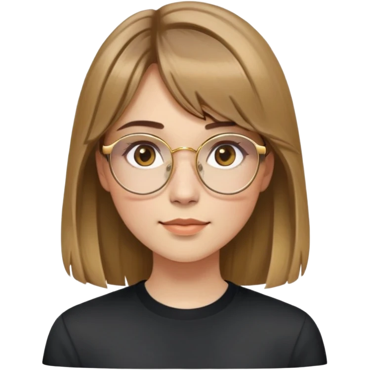 young adult woman with light skin, friendly and serene expression, round face with prominent cheeks, light brown hair with golden highlights, voluminous and straight with slight waves, long bangs over eyebrows, large octagonal glasses with thin golden or light pink frame, casual dark shirt emoji