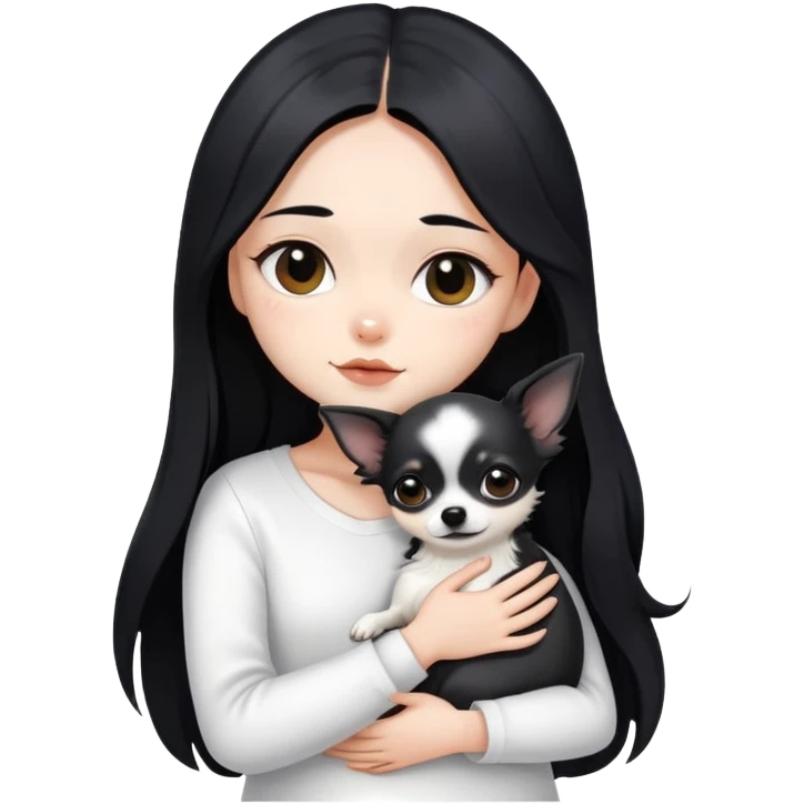 A girl with fair skin, long black hair, white clothes, gently, with both hands tightly, hugging a black Chihuahua emoji