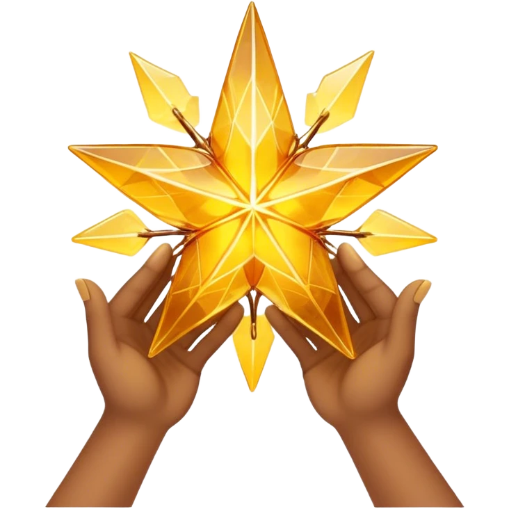 A radiant yellow dream star emerges, carefully being built by hands connecting delicate strands of golden thread and translucent panels of glowing amber glass incomplete emoji