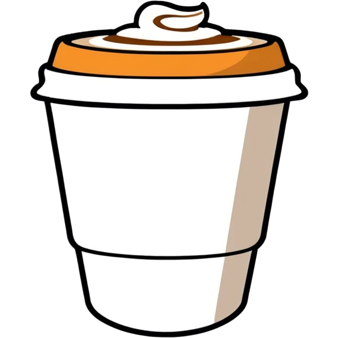 cappuccino cup with a label and a lid, cute cartoon sticker style emoji