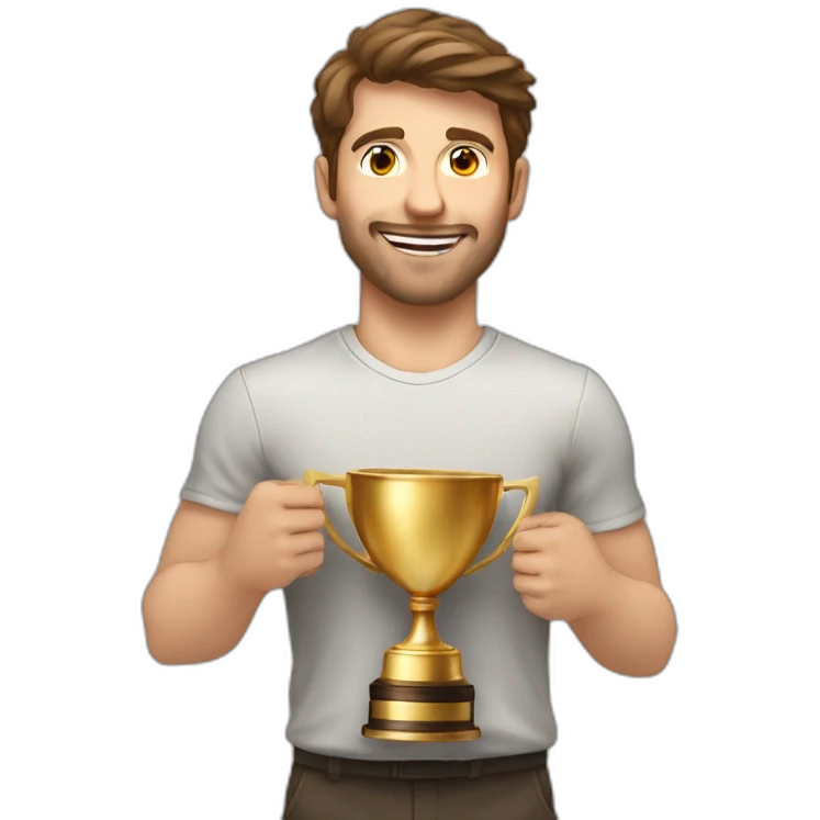 the white European man brown hair Celebrating, Raising a gold trophy in your hands, full body emoji