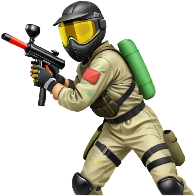 A dynamic scene of a player in action, holding a paintball gun and wearing protective gear. The background shows a vibrant paintball field with obstacles, colorful splatters of paint in the air, and an intense, competitive atmosphere. emoji