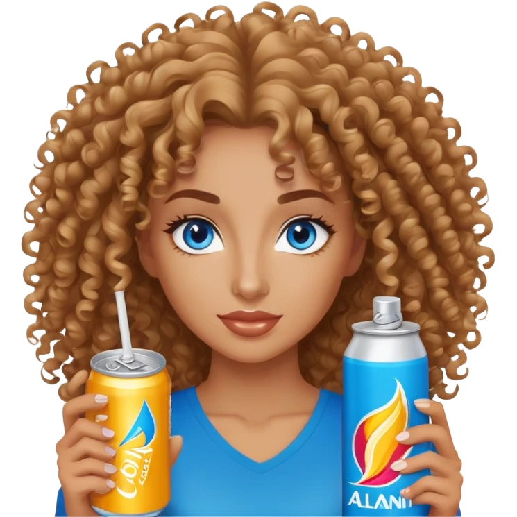 Curly haired, Blue eyed woman holding an alani energy drink can emoji