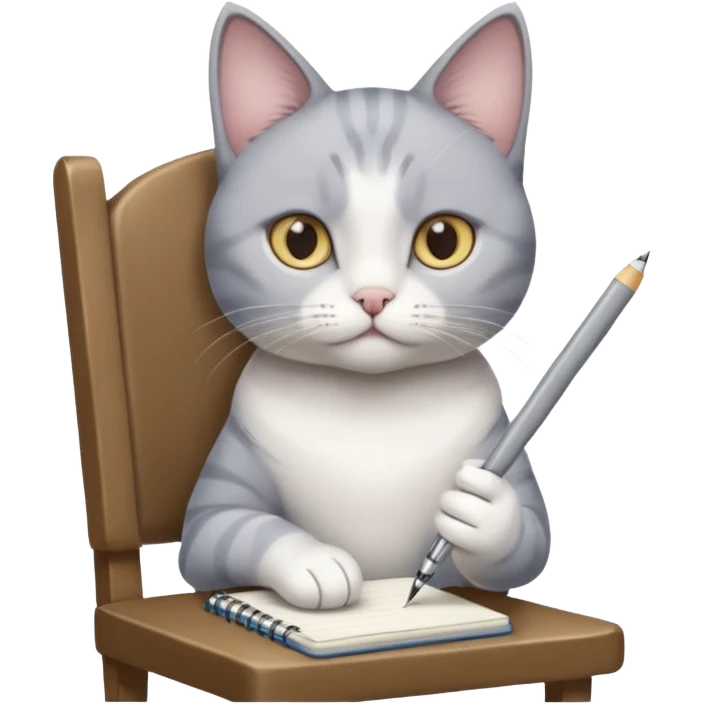 grau weiße Katze sitzt auf einem Sessel mit Stift und Block in der Hand emoji