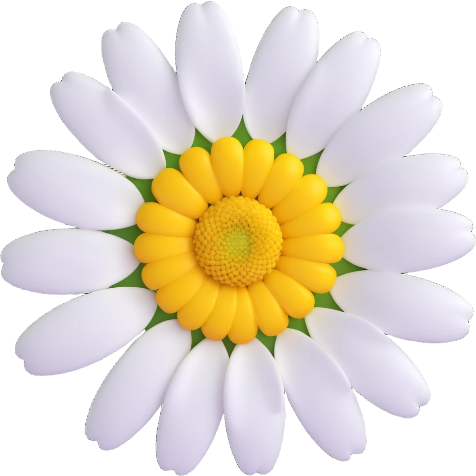 3D iOS emoji style, close-up daisy, glossy effect, white petals, yellow center emoji
