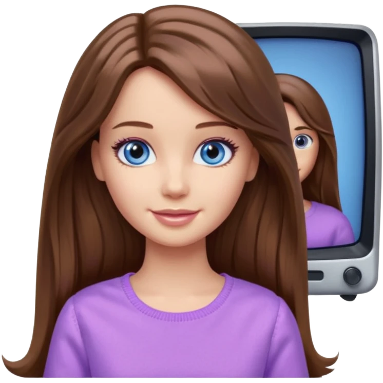 beautiful barbie girl with long brown hair, blue eyes and wearing light purple clothes watching stranger things on tv emoji