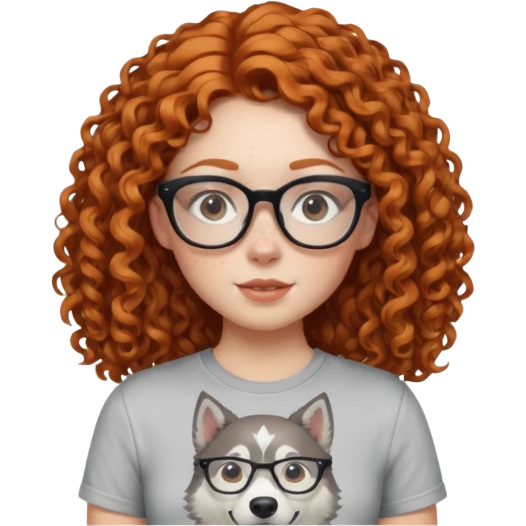 make a ginger girl with freckles and glasess. make her hair curly and she has a husky on her shirt emoji