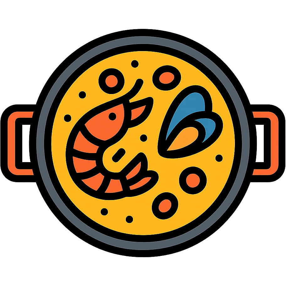 a Spanish paella pan with seafood and saffron rice, color outline icon style emoji