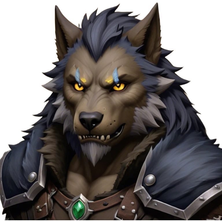 Cinematic Realistic WoW Worgen Portrait, depicted as a fearsome blend of man and beast, with rugged, dark fur intermingling with tanned, weathered skin. His piercing amber eyes and fierce expression are framed by disheveled hair and subtly detailed, worn leather attire in dark, consistent hues. Rendered with lifelike texture and dramatic, natural lighting, high shine, noble and formidable, capturing the primal nobility of a legendary worgen warrior. emoji