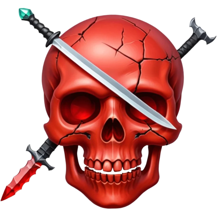 make me a red crystal skull partly see thew super gem like make it realistic and held together by a black bow and a small dager to the eye with cracks coming from it have the bow be loosly tied around the skull holding it together make the blade super realistic  emoji