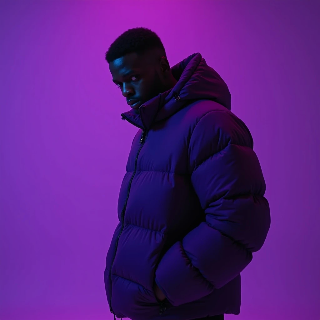 Cinematic still of a black man in purple puffer abstract jacket, purple solid background, cinematic soft lightning emoji
