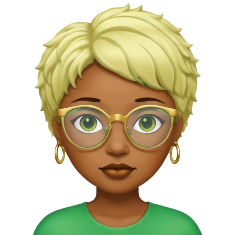 Caramel skin black woman 52 with green glasses that have gold edges and very blonde hair that’s very short but still puffy and small emoji