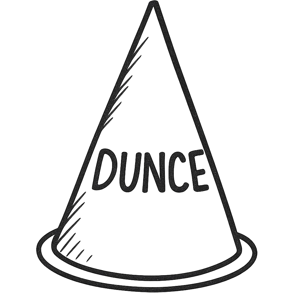 Add the word 'DUNCE' in bold, handwritten letters on the dunce hat, keeping the hand drawn black outline style with no background (transparent). emoji