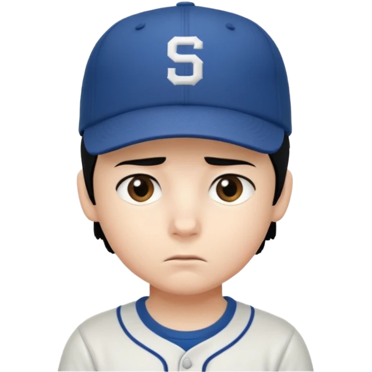 Gere um menino de cabelos preto e boné pro lado com feição séria emoji