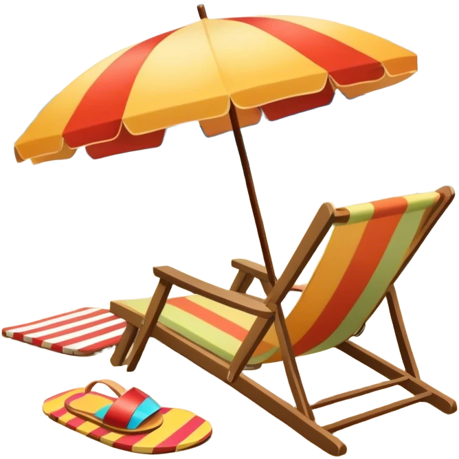 Icon for Beach Tourism: a sunny beach with the sea and waves, a lounge chair, a sun umbrella, and flip-flops on the sandy shore. The background should be a clear, vibrant ocean view with the sun shining brightly. Transparent background. emoji