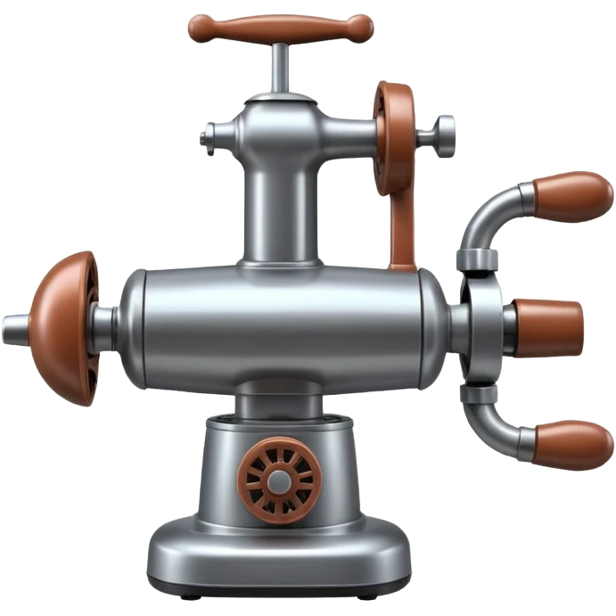 sausage-processing droid. retro-futuristic style. top is a circular industrial meat grinder with rotating gears and blades. Two robotic arms feed material into grinder. Sausage links extrude from the rear like  factory. The body is metallic, compact, and floats above the ground.no legs. Dark humor emoji
