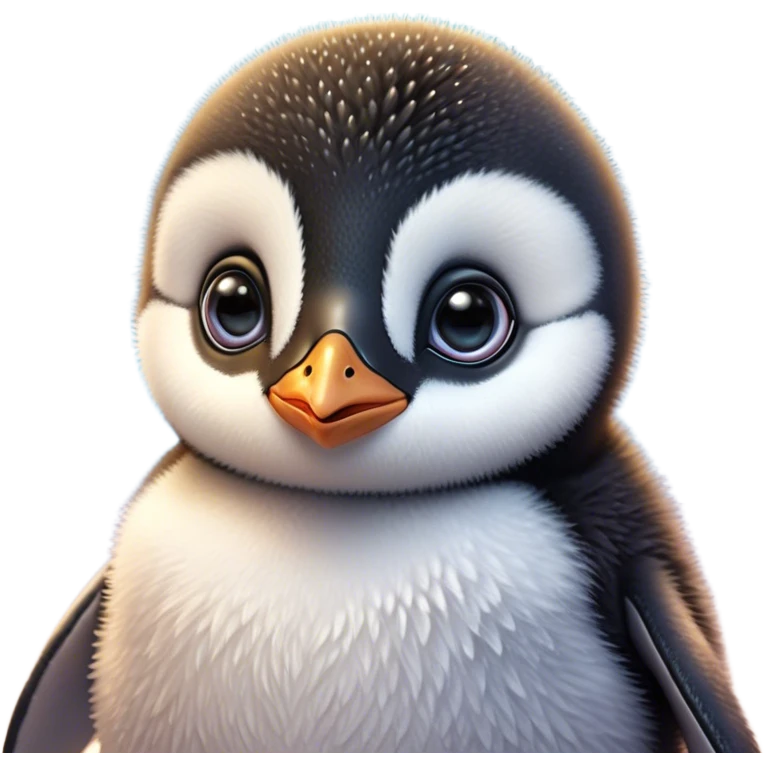 Cinematic Cute Baby Penguin Portrait Emoji, Head tilted playfully and inquisitively, with irresistibly fluffy plumage accented by a tiny beak and round, sparkling eyes filled with wonder, Simplified yet irresistibly adorable features, highly detailed, glowing with a warm, friendly polar glow, high shine, affectionate and lively, stylized with a touch of whimsical charm, bright and endearing, soft glowing outline, capturing the essence of a mischievous yet loving penguin that feels like it could slide out of the screen into your arms! emoji