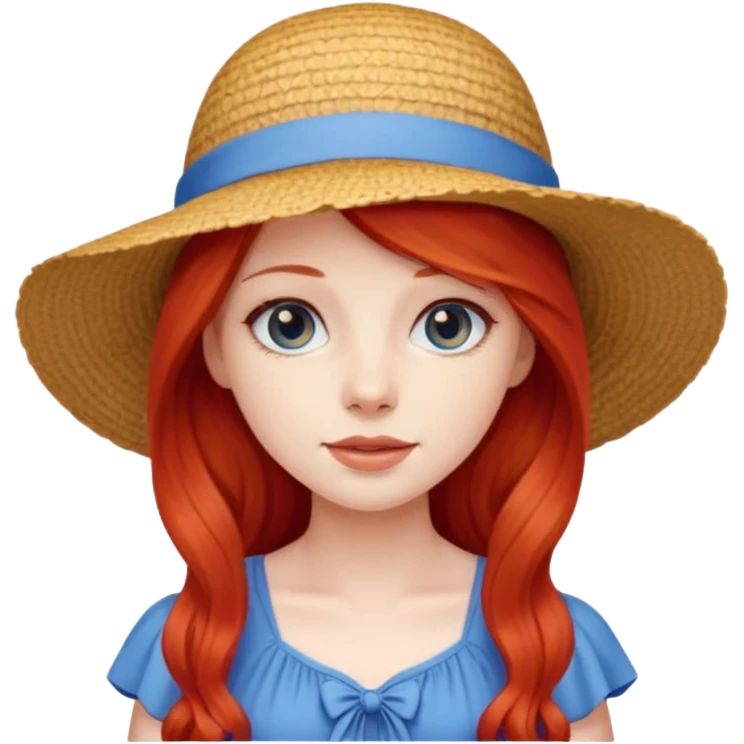 girl_wearing_summer_hat, red long hair, blue dress emoji