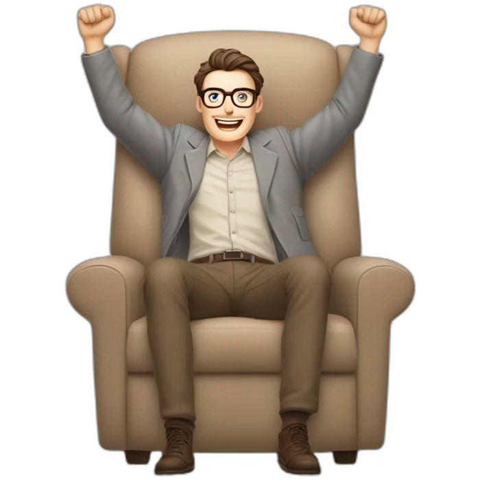 Joyful Celebrating victory Hands up Pale skinned Fit Man With dark brown hair in gray jacket, beige office shirt, Brown pants and vintage glasses sitting In a soft chair emoji