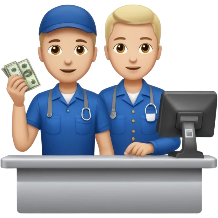 Supermarket employee at a cash register, full body, serving a man emoji