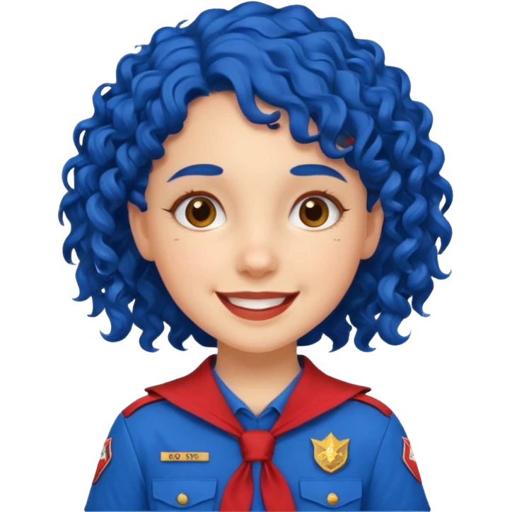 scout girl with red scout uniform, blue curly haired emoji