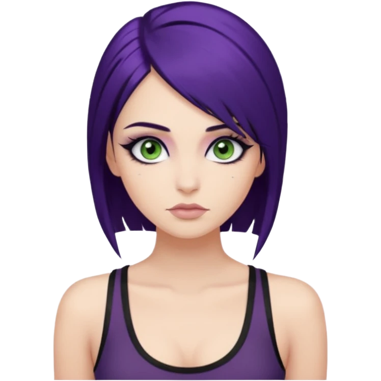 alternative girl with dark purple hair and big eyelashes, beautiful makeup and greenish grey eyes, straight eyebrows & wearing a low cut black tank top emoji
