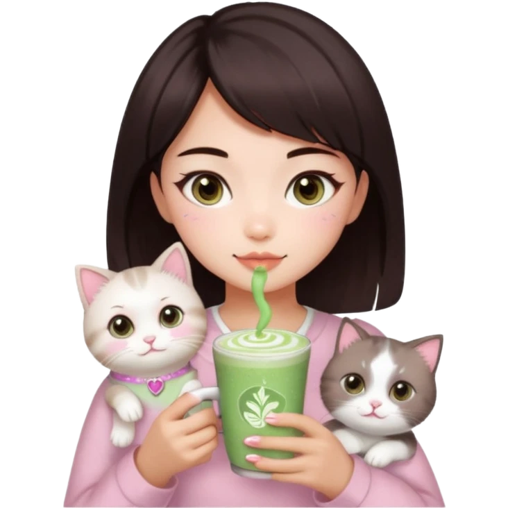 asian girl with short dark brown hair and dark brown eyes with a soft girl pink glowup aesthetic. matcha latte sparkles girly things, 2 ragdoll cat emoji