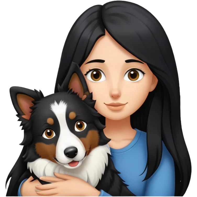 A white girl with long black  hair tightly hugged a Border Collie emoji
