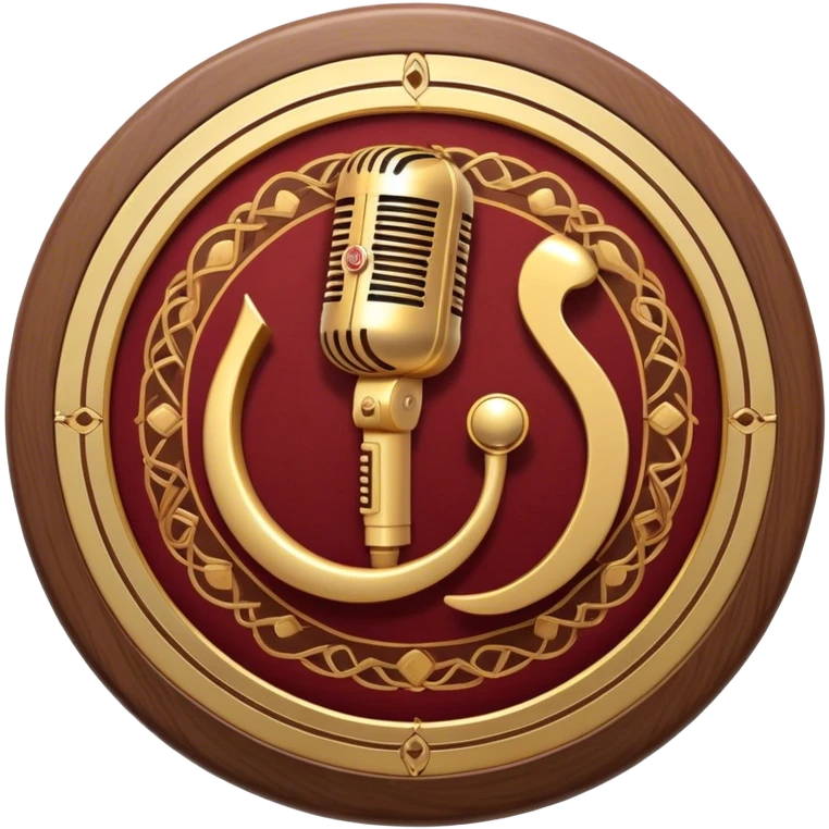 Create a warm and authentic humanless emoji representing folk singing. The design should feature a traditional folk microphone at the center, surrounded by classic instruments such as a bayan (button accordion), gusli (a traditional Russian zither), and a tambourine. Arrange these instruments in a harmonious, circular pattern to evoke a sense of folk music and community performance. Use natural, earthy colors like wood brown, deep red, and golden accents to reflect the rustic and heartfelt spirit of folk music. Add subtle musical notes to the background to convey the rhythm and harmony of the performance. The background should be transparent. emoji