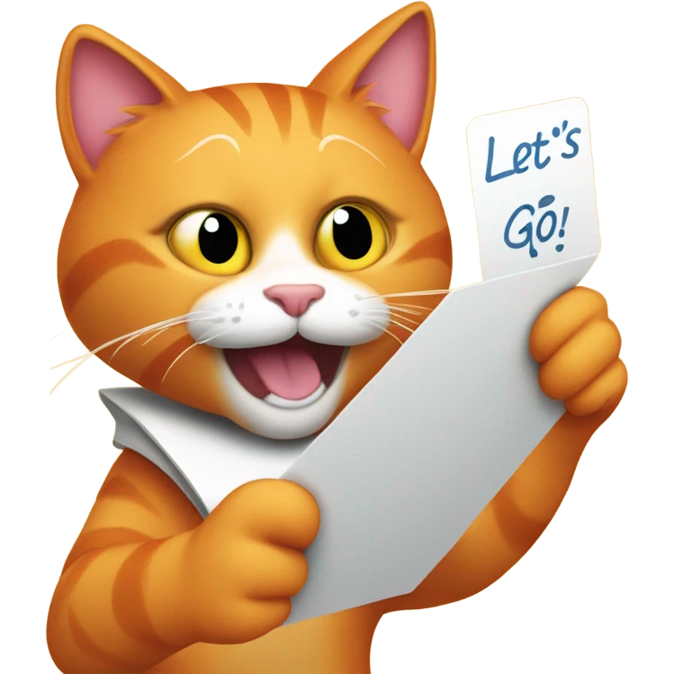 Orange cat holding card with text „Lets go play brawl” emoji
