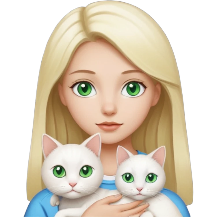 Blonde girl with green eyes holding a white cat with blue and green eyes emoji